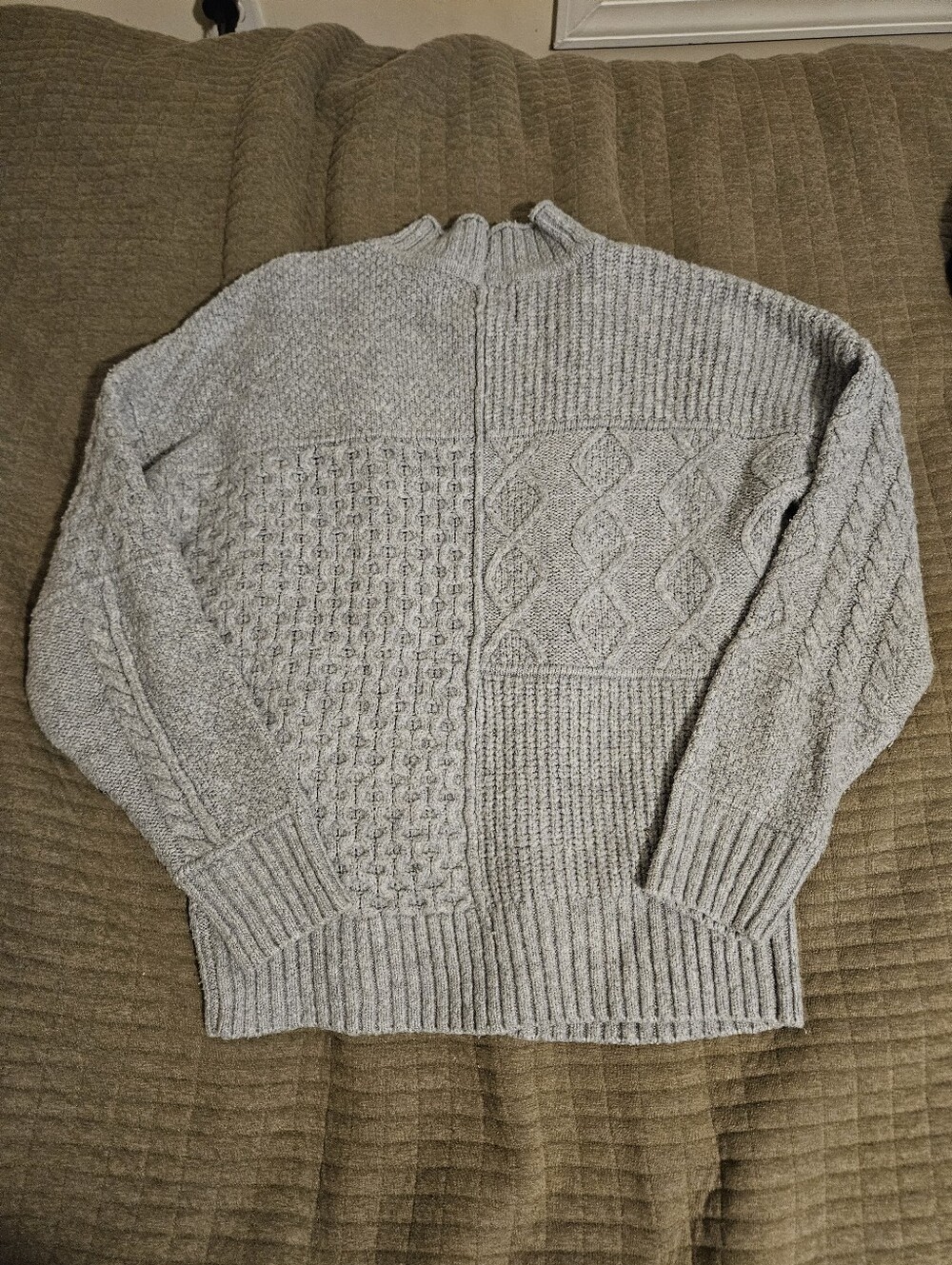 American Eagle Outfitters Turtleneck Patchwork Cable Knit Sweater - Light Gray